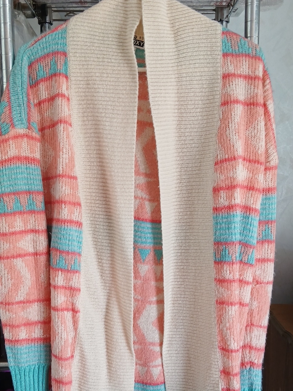 Roxy Cream Open-Front Cardigan with Peach and Aqua Geometric Pattern